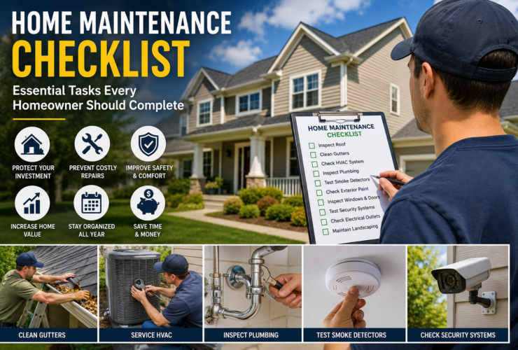 Home maintenance checklist infographic showing a homeowner inspecting a modern house while holding a maintenance checklist. The image highlights essential home maintenance tasks including roof inspection, gutter cleaning, HVAC servicing, plumbing checks, smoke detector testing, and home security system maintenance to protect property value and prevent costly repairs.