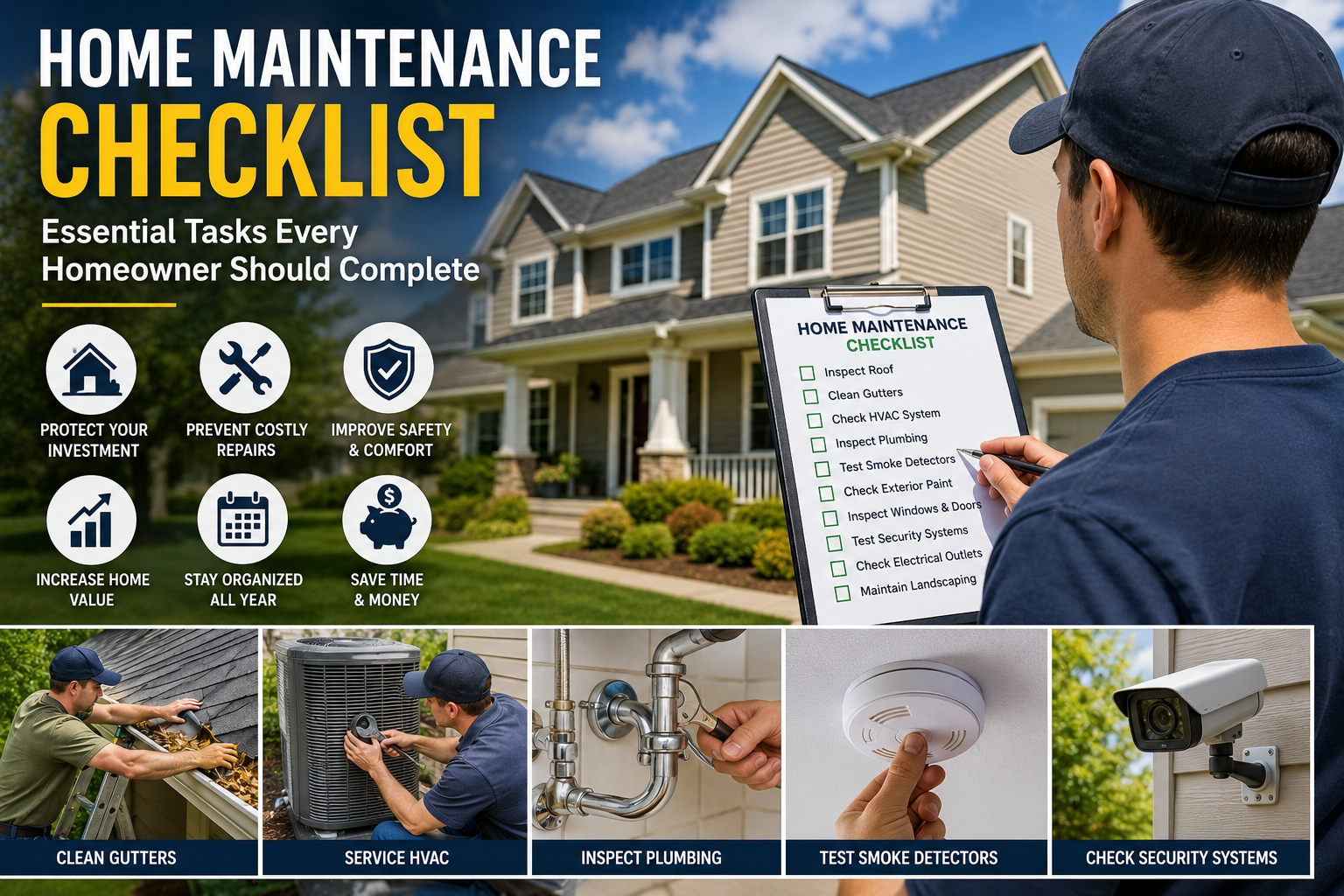 Home maintenance checklist infographic showing a homeowner inspecting a modern house while holding a maintenance checklist. The image highlights essential home maintenance tasks including roof inspection, gutter cleaning, HVAC servicing, plumbing checks, smoke detector testing, and home security system maintenance to protect property value and prevent costly repairs.