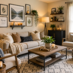 Modern living room featuring stylish home decor ideas including decorative pillows, wall art, indoor plants, floating shelves, elegant lighting, and contemporary furniture designed to create a beautiful and welcoming living space.