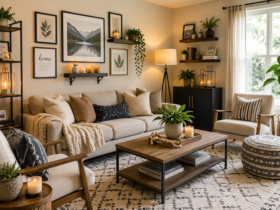 Modern living room featuring stylish home decor ideas including decorative pillows, wall art, indoor plants, floating shelves, elegant lighting, and contemporary furniture designed to create a beautiful and welcoming living space.