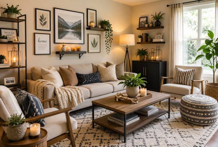 Modern living room featuring stylish home decor ideas including decorative pillows, wall art, indoor plants, floating shelves, elegant lighting, and contemporary furniture designed to create a beautiful and welcoming living space.