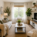 Small living room decorated with modern furniture, large mirror, floating shelves, indoor plants, neutral colors, and smart storage solutions designed to maximize space and style in a compact home.