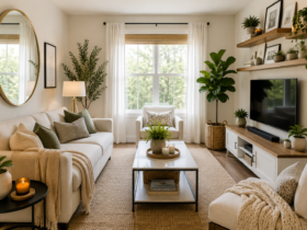 Small living room decorated with modern furniture, large mirror, floating shelves, indoor plants, neutral colors, and smart storage solutions designed to maximize space and style in a compact home.