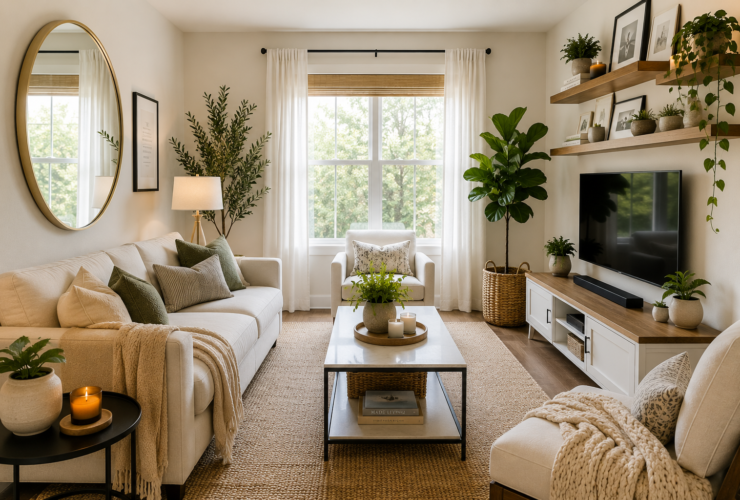 Small living room decorated with modern furniture, large mirror, floating shelves, indoor plants, neutral colors, and smart storage solutions designed to maximize space and style in a compact home.