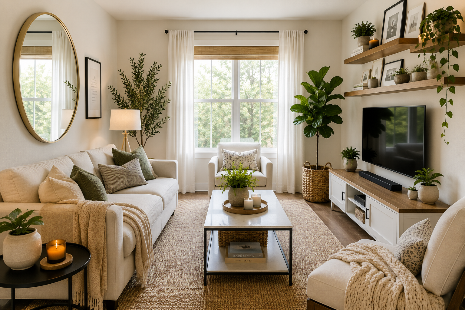 Small living room decorated with modern furniture, large mirror, floating shelves, indoor plants, neutral colors, and smart storage solutions designed to maximize space and style in a compact home.