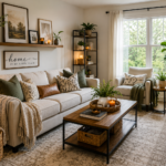 Affordable home decor ideas displayed in a stylish living room featuring decorative pillows, indoor plants, wall art, modern lighting, cozy furniture, and budget-friendly interior design elements that create a beautiful and welcoming home.