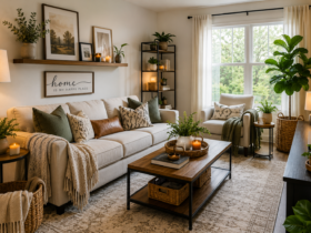 Affordable home decor ideas displayed in a stylish living room featuring decorative pillows, indoor plants, wall art, modern lighting, cozy furniture, and budget-friendly interior design elements that create a beautiful and welcoming home.