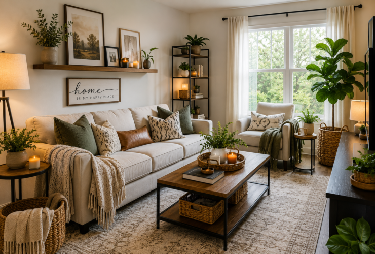 Affordable home decor ideas displayed in a stylish living room featuring decorative pillows, indoor plants, wall art, modern lighting, cozy furniture, and budget-friendly interior design elements that create a beautiful and welcoming home.