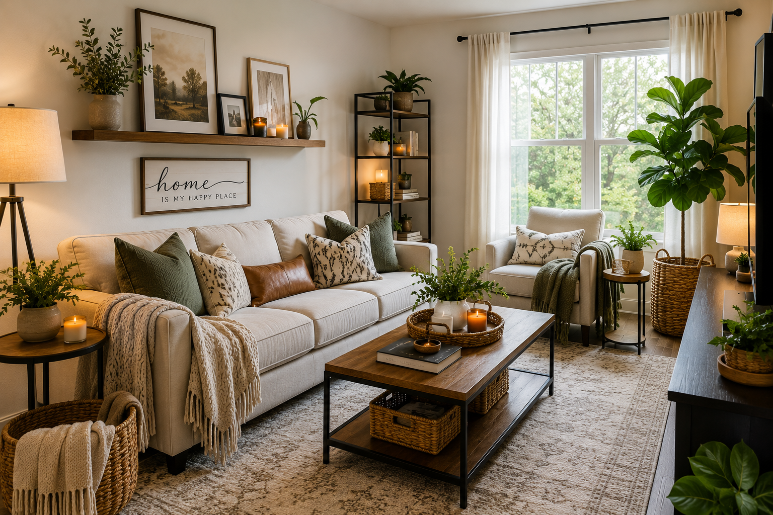 Affordable home decor ideas displayed in a stylish living room featuring decorative pillows, indoor plants, wall art, modern lighting, cozy furniture, and budget-friendly interior design elements that create a beautiful and welcoming home.