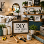 DIY home decor projects featuring handmade wall art, painted furniture, floating shelves, decorative accessories, indoor plants, and creative budget-friendly home decorating ideas in a modern interior.