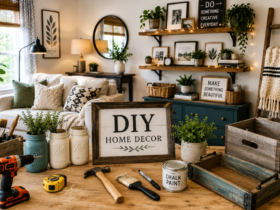DIY home decor projects featuring handmade wall art, painted furniture, floating shelves, decorative accessories, indoor plants, and creative budget-friendly home decorating ideas in a modern interior.
