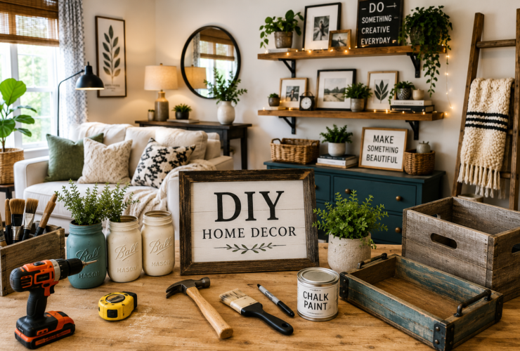 DIY home decor projects featuring handmade wall art, painted furniture, floating shelves, decorative accessories, indoor plants, and creative budget-friendly home decorating ideas in a modern interior.