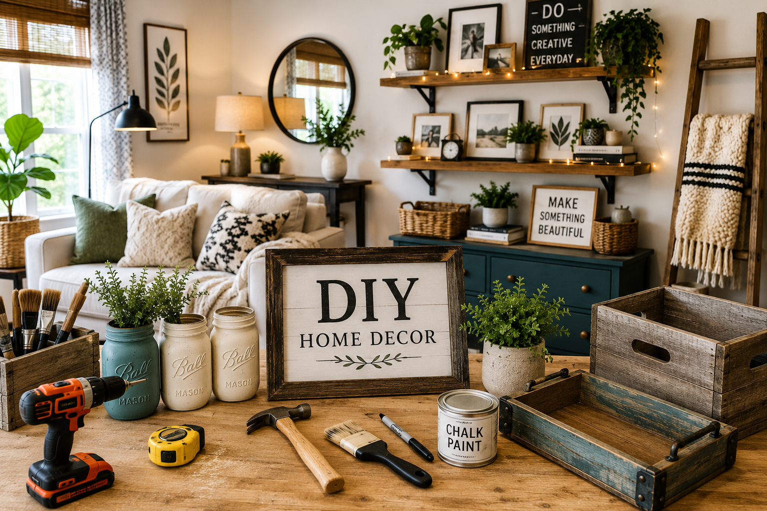 DIY home decor projects featuring handmade wall art, painted furniture, floating shelves, decorative accessories, indoor plants, and creative budget-friendly home decorating ideas in a modern interior.