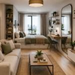 Modern small space interior design featuring multifunctional furniture, smart storage solutions, floating shelves, large mirrors, neutral colors, and bright natural light designed to make a compact home feel larger and more functional.