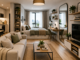 Modern small space interior design featuring multifunctional furniture, smart storage solutions, floating shelves, large mirrors, neutral colors, and bright natural light designed to make a compact home feel larger and more functional.