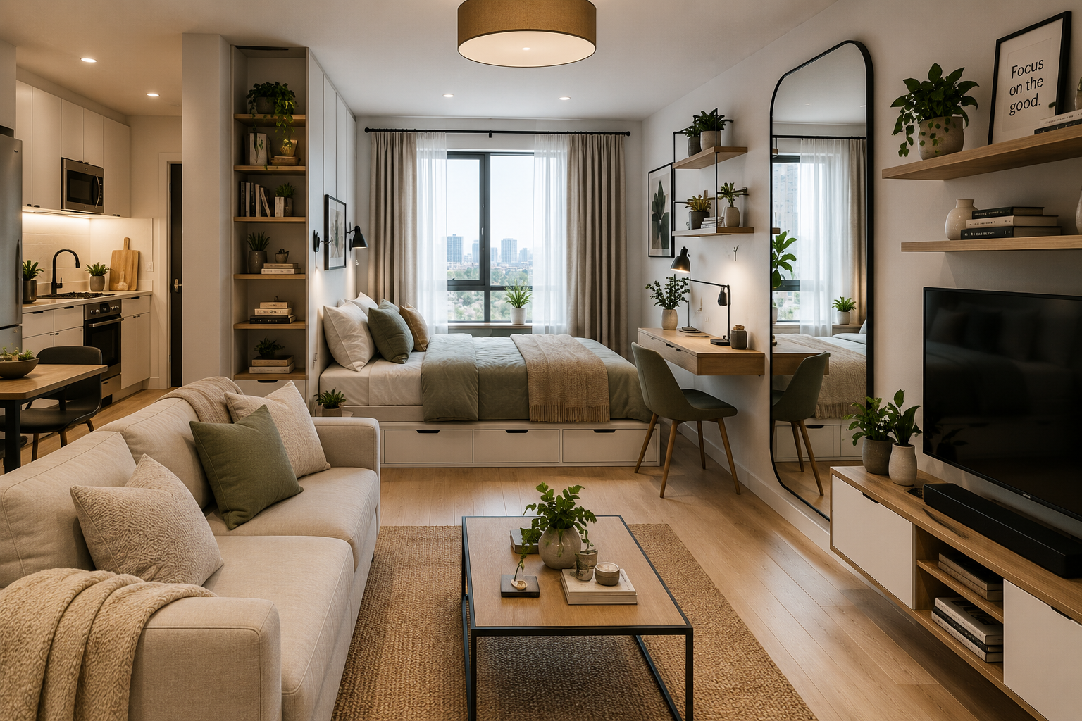 Modern small space interior design featuring multifunctional furniture, smart storage solutions, floating shelves, large mirrors, neutral colors, and bright natural light designed to make a compact home feel larger and more functional.