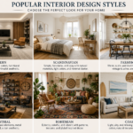 Collection of popular interior design styles including modern, Scandinavian, farmhouse, industrial, bohemian, and coastal interiors showcasing different furniture, colors, textures, and decorating approaches.