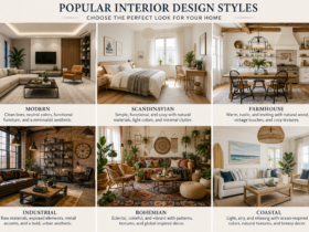Collection of popular interior design styles including modern, Scandinavian, farmhouse, industrial, bohemian, and coastal interiors showcasing different furniture, colors, textures, and decorating approaches.