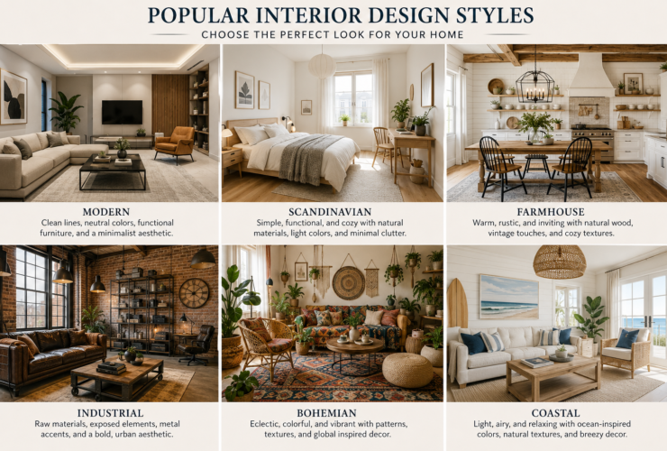 Collection of popular interior design styles including modern, Scandinavian, farmhouse, industrial, bohemian, and coastal interiors showcasing different furniture, colors, textures, and decorating approaches.