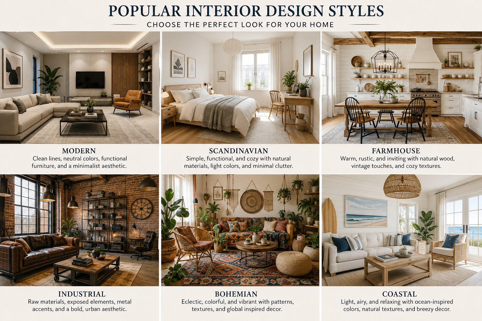 Collection of popular interior design styles including modern, Scandinavian, farmhouse, industrial, bohemian, and coastal interiors showcasing different furniture, colors, textures, and decorating approaches.