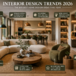 Modern home interior displaying interior design trends for 2026 including curved furniture, earth-tone colors, natural materials, smart lighting, indoor plants, and contemporary living spaces designed for comfort and sustainability.