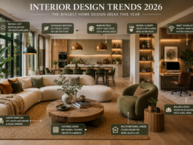 Modern home interior displaying interior design trends for 2026 including curved furniture, earth-tone colors, natural materials, smart lighting, indoor plants, and contemporary living spaces designed for comfort and sustainability.
