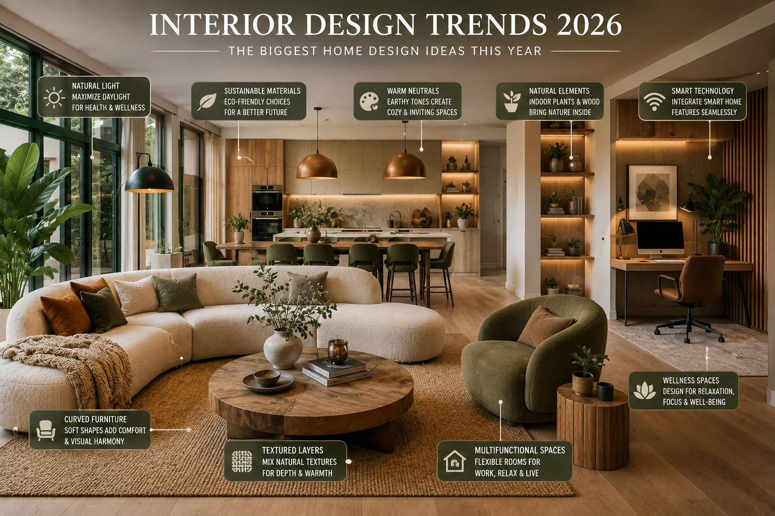 Modern home interior displaying interior design trends for 2026 including curved furniture, earth-tone colors, natural materials, smart lighting, indoor plants, and contemporary living spaces designed for comfort and sustainability.
